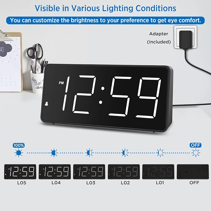 Peakeep Digital Alarm Clock for Bedrooms Bedside, Loud for Heavy Sleepers | Large Big LED Numbers Dimmable for Seniors, Battery Backup Plug in Electric Clock with USB Charger(White)