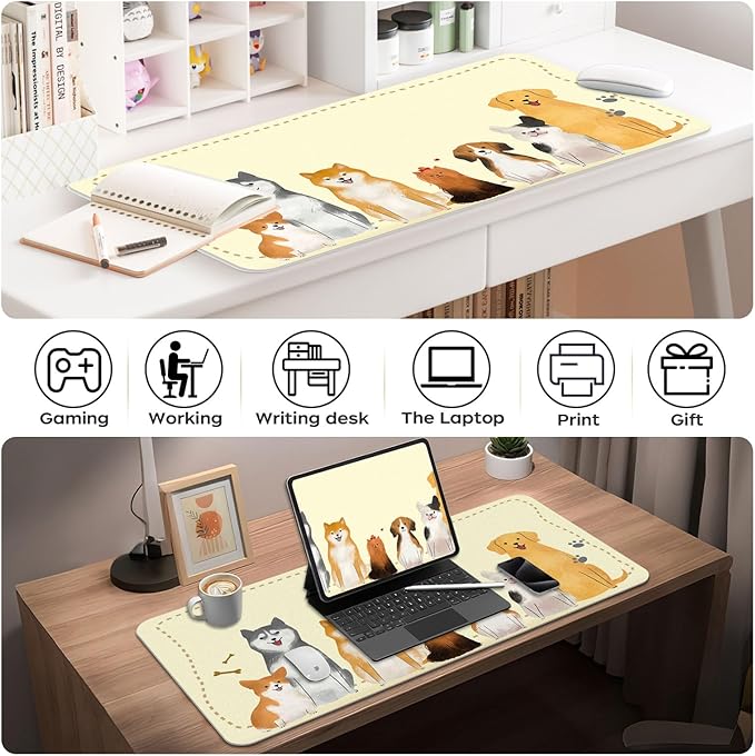 BLESWIN Cut Desk Mat 31.5" x 15.7", Waterproof Leather Desk Mat, Computer Mat for Keyboard or Mouse, Desk Mousepad Non-Slip Writing Pad Leather Blotter, Laptop Desk Pad (31.5" x 15.7", Puppies)