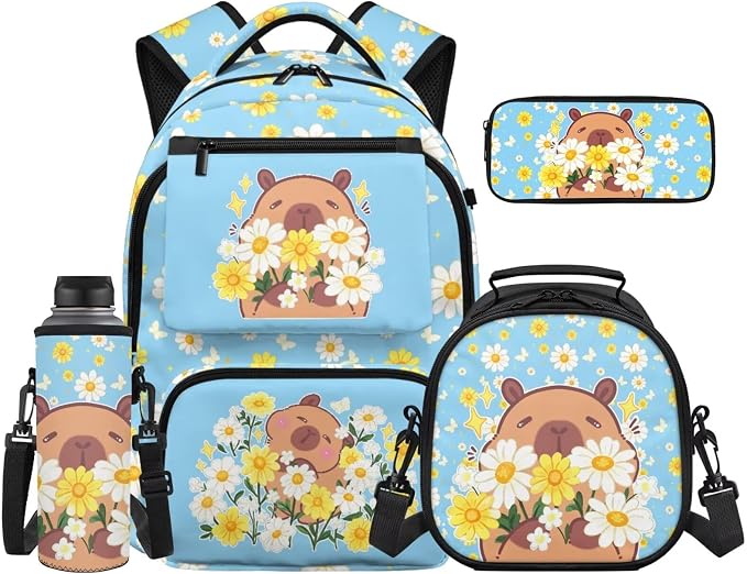 WELLFLYHOM 4 PCS Blue Daisy Floral Capybara Backpack for Girls Ages 8-12 | 4-In-1 School Bag Set with Lunchbox, Pencil Case and Water Bottle Sleeve, Ideal for Middle and High School Girls Daily Carry