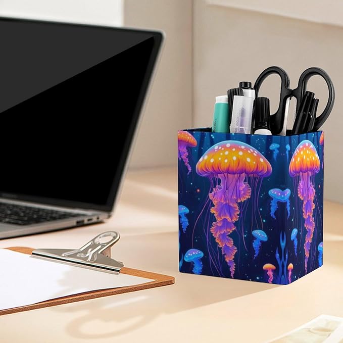 Jellyfish Print Leather Square Pen Holder Modern Desk Decor Home Organizer For Make Up Brushes Supplies Office Stationery Storage