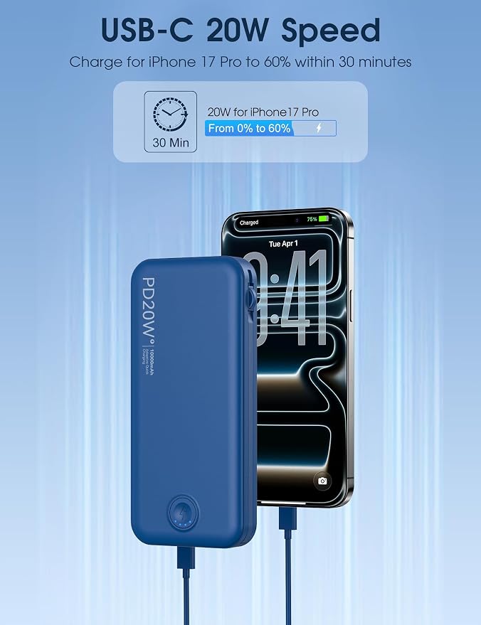 Nusyddy Portable Charger 10000mAh PD20W w/Built-in Cables & Wall Plug Navy | PD20W Fast Charging, Battery Indicator, Pass Through Charging, TSA Approved, Compact/Slim, Power Bank for iPhone/iPad/Samsung