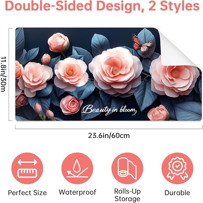 Dual-Sided Synthetic Leather Decorative Makeup Mat for Crafting, Furniture Protection, Scratch & Stain Resistant Surface Desk Pad, Waterproof Easy to Clean Vanity Protector (Pink Camellia)
