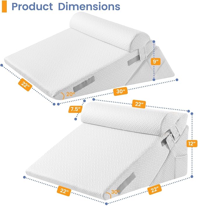 Sasttie Adjustable Wedge Pillow Set for After Surgery, White | Bed Wedge Pillow Headboard with Memory Foam Neck Cushion, for Acid Reflux, Sleeping, Neck & Back Support