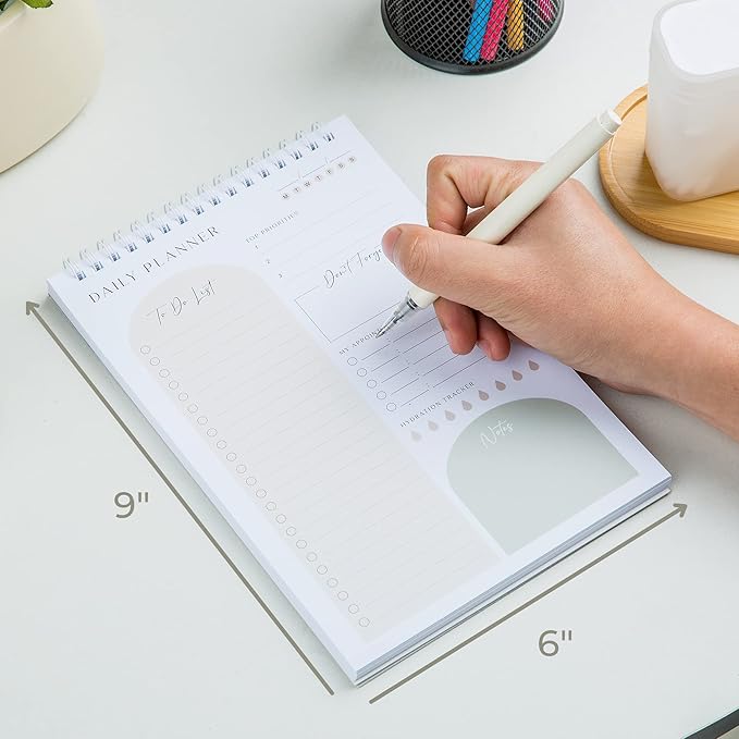 Daily Planner To Do List Notepad 60 Undated Pages,Almond,Twin-ring Spiral Bindling 6x9 Inch Desktop Daily Planning Notepad with Protective Cover,Notebook for Daily Tasks, Water Intake, Habit Tracker