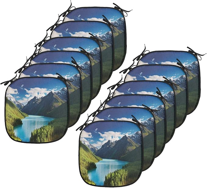 Lunarable Mountain Chair Cushion Pads Set 12, Lake Kucherlinskoe in Altai Mountains High Peaks and Fresh Jungle in Spring, Anti-Slip Seat Padding for Kitchen & Patio, 16"x16", Green Blue White