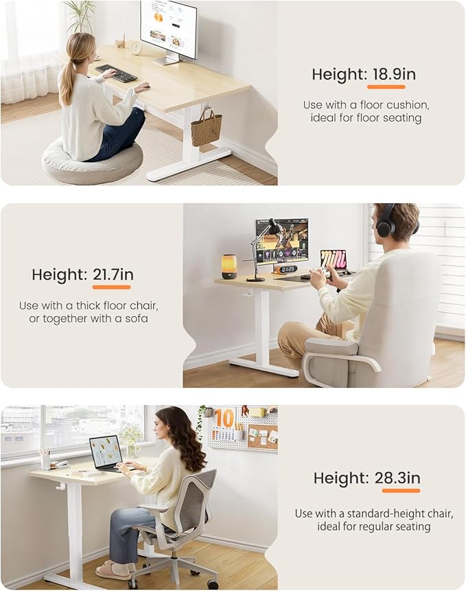 ErGear Low Height Adjustable Desk, Lifts 18.9-28.4 Inches, 48 X 24 Inches Electric Standing Desk for Kids, 4 Height Memory Settings & Storage Hooks, Home Office Computer Table & Study Desk, Natural