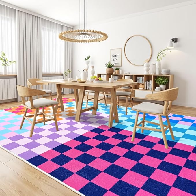 Terrug Multicolored Checkered Rug for Living Room,6x9 Area Rugs Washable with Non Slip for Bedroom,Soft Low Pile Stain Resistance Retro Carpet for Dorm Kids Room