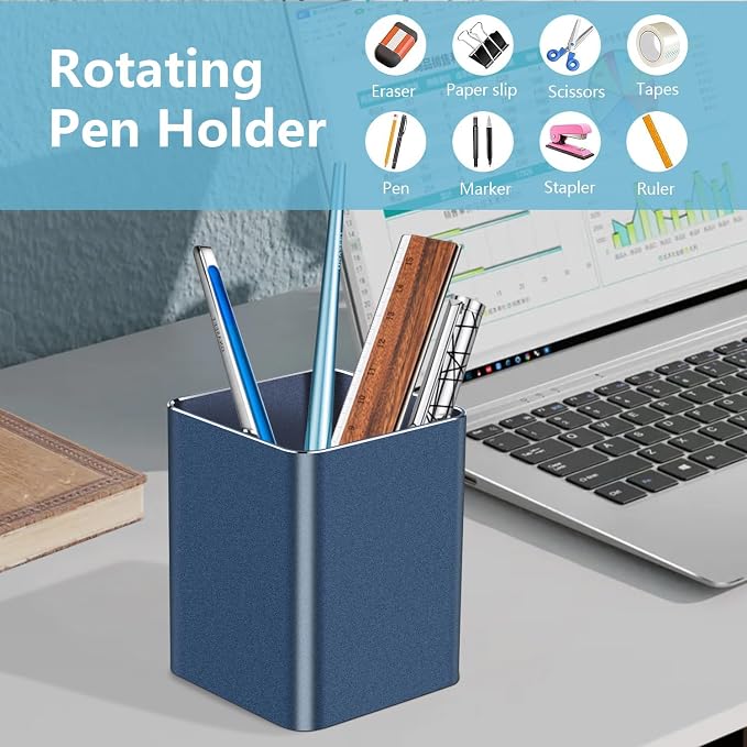 Pen holder,square pen cup, Metal pen pencil holder, desktop pencil cup stationery organization office desktop accessories, suitable for office, school, home and stationery supplies. (blue)