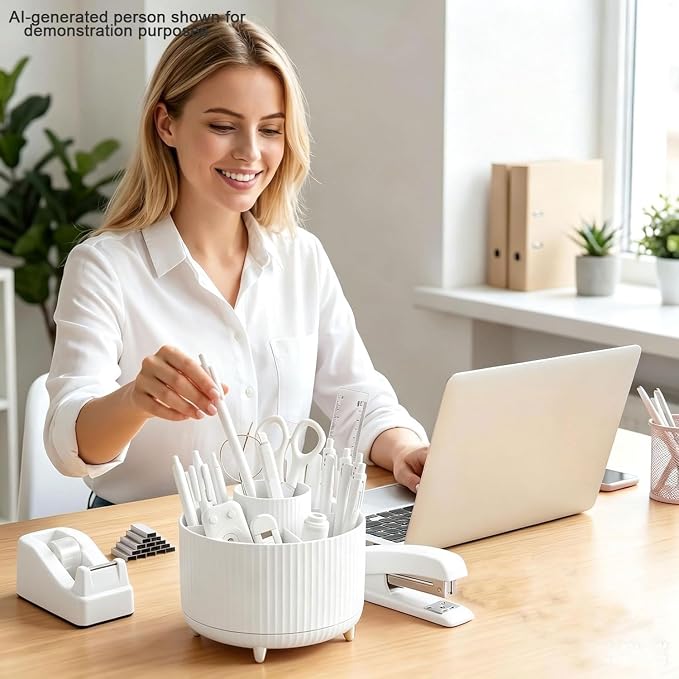 Office Supplies Set Rotating Pen Holder for Desk with Stapler Staple Remover, Tape Dispenser,Tape Refills, Binder Paper Clips Kit, Scissor,Pen, Ruler & Sticky Tabs,White Office School Supplies(White)
