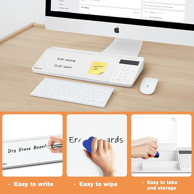 SELEAD Desktop Glass Whiteboard with Calculator & Built-in Mirror, Dry Erase White Board Computer Pad Keyboard Stand with Organizer Drawer, Desk Accessories for Home, School, Office