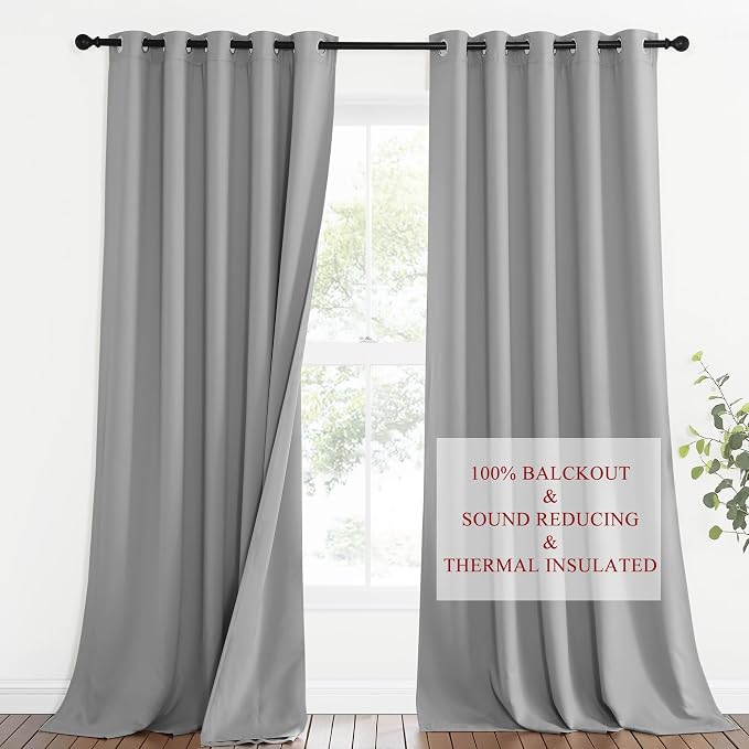 NICETOWN Noise Insulation Curtain Panels, Pair of Energy Smart & 100% Blackout Echo of Sounds Reducing Drapes for Dining Room Window, Thermal Guest Room Lined Window Dressing(Silver Grey, 62 x 95)