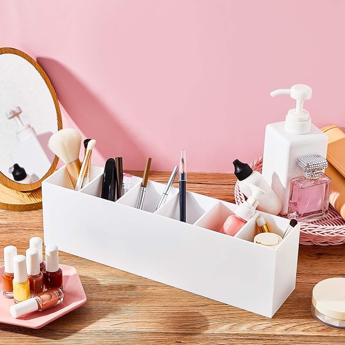 2 Pack Acrylic Makeup Brush Holder 6 Compartments Pencil Organizer Cup Pencil Holder for Desk Pen Organizer Storage Pen Holder for Accessories Cosmetic Brushes Office Bathroom Kitchen Supplies (White)