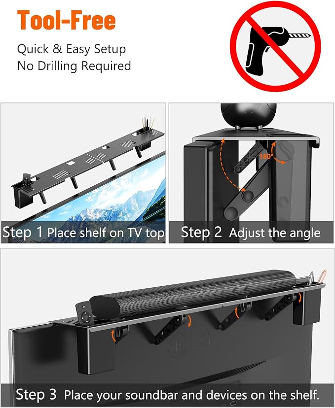 Soundbar Mount, No Drilling Steel TV Top Shelf with Storage Boxes, Sound bar Mount up to 15 lbs, Universal Sound Bar TV Mount Bracket, Soundbar Mount Above TVs Compatible with Samsung, Sony (33.8")