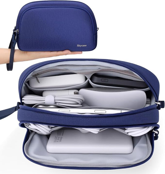 Skycase Travel Cable Organizer - Lightweight Water Resistant Dual-Layer Tech Pouch with Wrist Strap 9 Compartments Electronic Organizer Travel Case for Charger Cord Hard Drive,Small,Blue