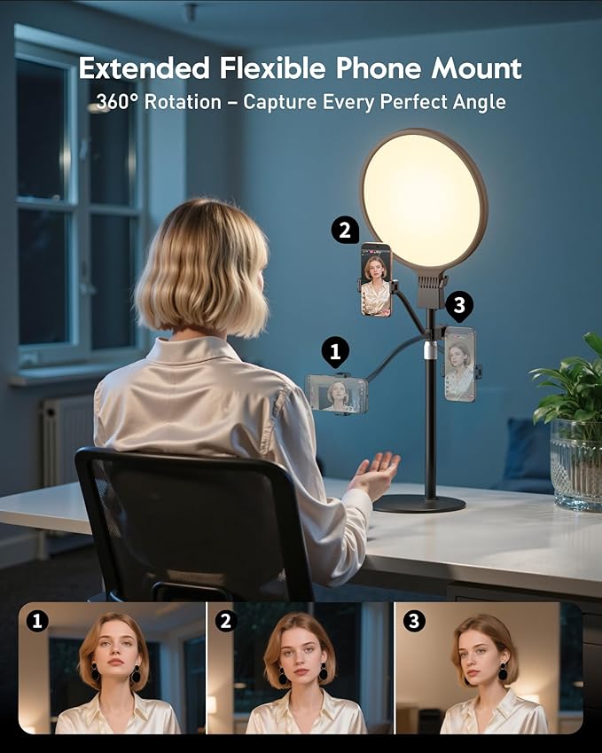 1300 Lumens Ring Light with Stand for Desk, Computer & Laptop – Podcast & Streaming Light with Flexible Phone Holder, CRI 98+ Bright Yet Soft Influencer Light for Video Recording, Conference & Calls