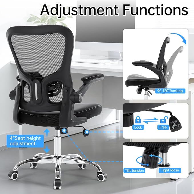 Ergonomic Office Chair Adjustable PU Leather Computer Chair with Lumbar Support,Flip-Up Arms, Breathable Mesh Back, Swivel Rolling Executive Desk Chair for Home Office, Black