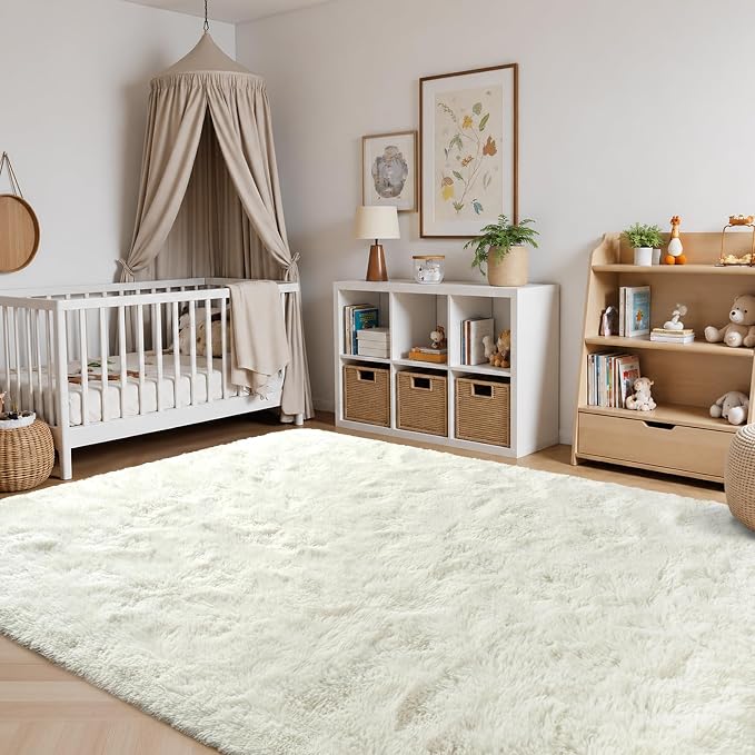 Zentavio White Area Rugs for Bedroom Soft Large Living Room Rugs 6x9 Fluffy Furry Shag Aesthetic Carpet Plush High Pile Floor Rug for Nursery Kids Room Dorm Home Decor