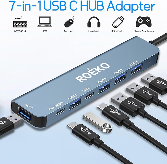 USB Hub 3.0,USB c hub,USB hub with Multiport Adapter, USB Splitter with 1xUSB 3.0,4xUSB2.0,2 x USB C,Hub for MacBook Pro/PC/Laptop/Tablet Devices (Grey 7in1)