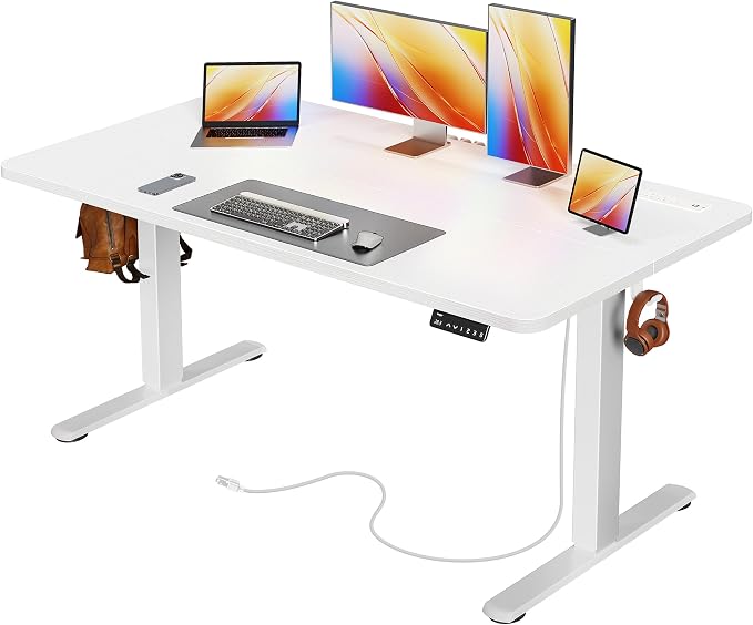 Huuger Electric Standing Desk with Power Outlets and USB-C Port, 55 X 24 Inch Height Adjustable Desk, Sit Stand Desk for Home Office, Computer & Gaming Desk with 4 Presets, Stable Steel Frame, White