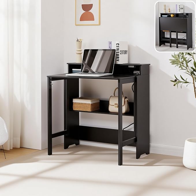 Fold Out Desk with Power Outlets, Small Foldable Table with Storage Shelf,Space-Saving Hidden Desk for Bedroom, Living Room & Office (Black)