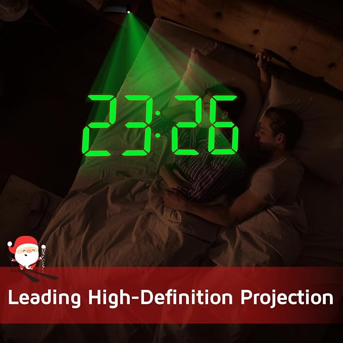 Projection Alarm Clock, Digital Clock with Modern Curved Design | 180° Rotatable Projector, 3-Level Brightness, Blue LED Display, Progressive Volume, 9mins Snooze, 12/24H, for Bedroom