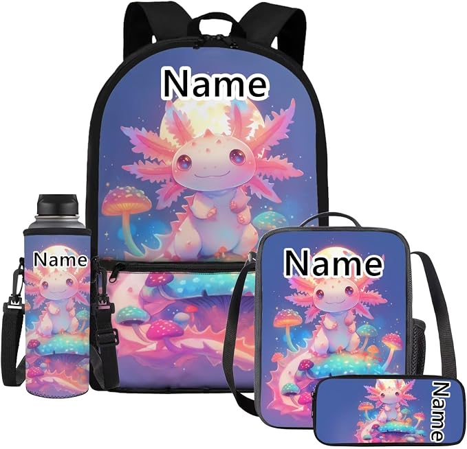 WELLFLYHOM Customized Axolotl Kids Girls Backpack Set 6-8 4Pcs with Lunch Box Pencil Case Water Bottle Sleeve Moon Mushroom Elementary School Daypack Back to School Season Supplies Purple