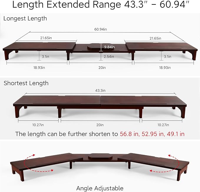 Nnewvante Dual Monitor Riser, 60 inch Bamboo Monitor Stand for Desk, Walnut | Adjustable Length Angle, 3 Shelves Desktop Screen Riser, For Computer Laptop PC