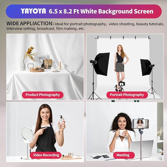 White Backdrop with Stand, 6.5x8.2 ft White Photo Backdrop Curtain with 7.5x7.9 ft Background Stand, Portable Back Drop Support Kit with Carrying Bag, 5 Strong Spring Clamps