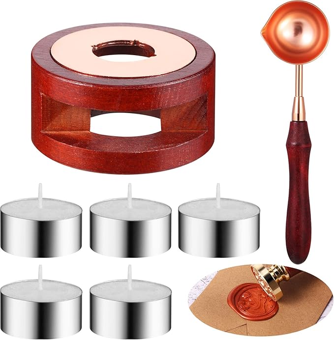 7 Pieces Wax Seal Kit, Seal Warmer Melting Spoon and 5 Pieces Tea Candles, Wax Sticks Beads Melting Furnace Tool for Sealing Stamp Greeting Wedding Invitation Card