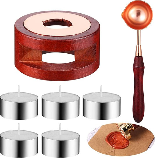 7 Pieces Wax Seal Kit, Seal Warmer Melting Spoon and 5 Pieces Tea Candles, Wax Sticks Beads Melting Furnace Tool for Sealing Stamp Greeting Wedding Invitation Card