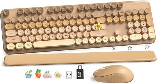 Wireless Keyboard and Mouse Combo, Cute Retro Typewriter Keyboard with Round Keycaps, Full-Size Aesthetic Keyboard with Magnetic Wrist Rest, 2.4GHz USB for Windows/Mac Desktop Laptop (Latte Gradient)