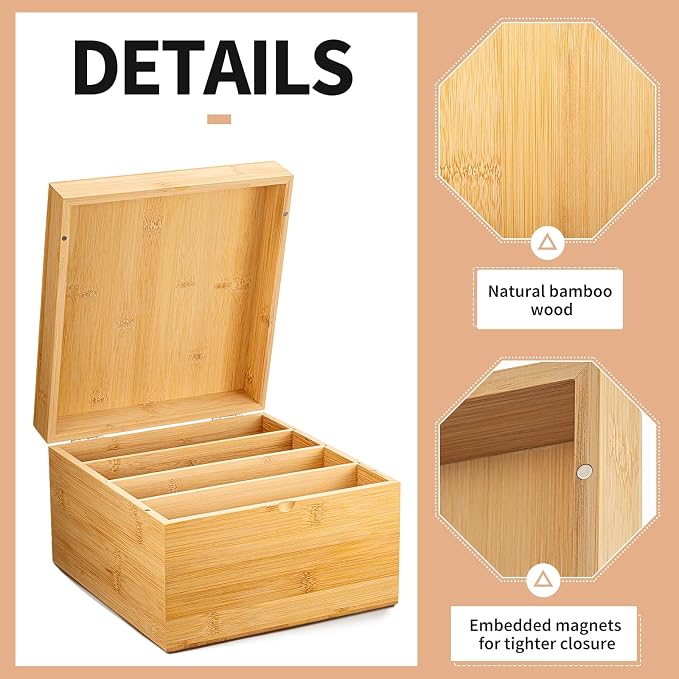5 x 8 Inch Index Card Holder Set, Bamboo Organizer Box with 50 Dividers & 2 Sheets Alphabet Number Stickers File Note Holders, Holds 1200 Cards for Office Business Home Kitchen, Wooden Color