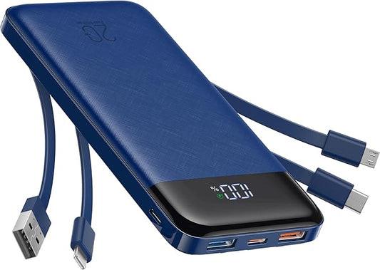 charmast 20000mAh Portable Charger with Built in Cables, 22.5W Travel Power Bank Fast Charging, USB C Cell Phone Battery Pack for iPhone 17/16/15/14/13/12 Series, iPad, Samsung, Android, Tablet