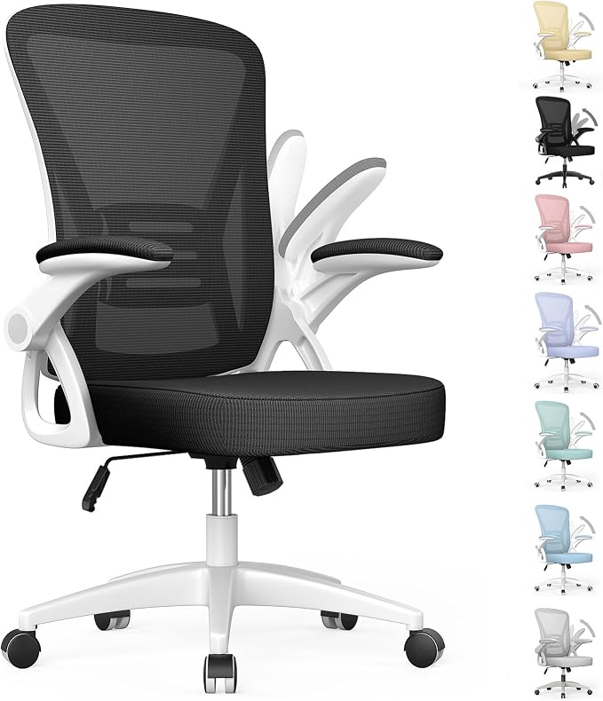 naspaluro Home Office Desk Chair Mid Back with Adjustable Height WhiteFrame | Comfy Ergonomic Chair with Flip-Up Arm and Lumbar Support, Breathable Mesh Swivel Computer Chair for Study Working Teacher