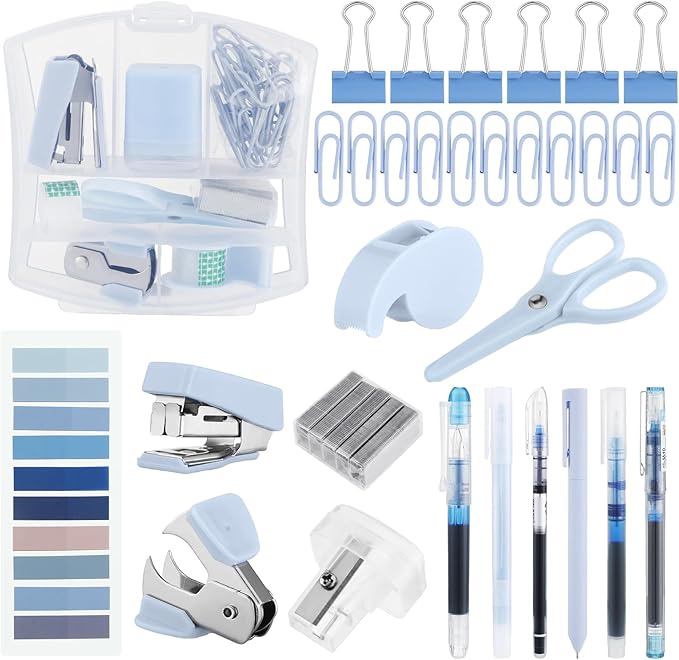 Colarr Mini Office Supply Kit Include Stapler Tape Dispenser Staple Remover Paper Clip Scissor Staple Pen Sharpener Note Small Telescopic Knife for Office Back to School Supplies Student Clerk(Blue)