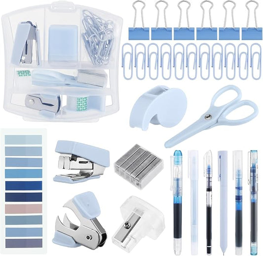 Colarr Mini Office Supply Kit Include Stapler Tape Dispenser Staple Remover Paper Clip Scissor Staple Pen Sharpener Note Small Telescopic Knife for Office Back to School Supplies Student Clerk(Blue)