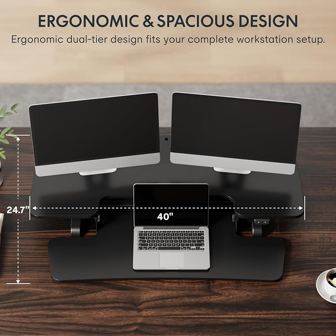 FLEXISPOT 40" Electric Standing Desk Converter, Motorized Sit to Stand Desk Riser, Height Adjustable Desktop Dual Monitor Workstation with Large Keyboard Tray, Black