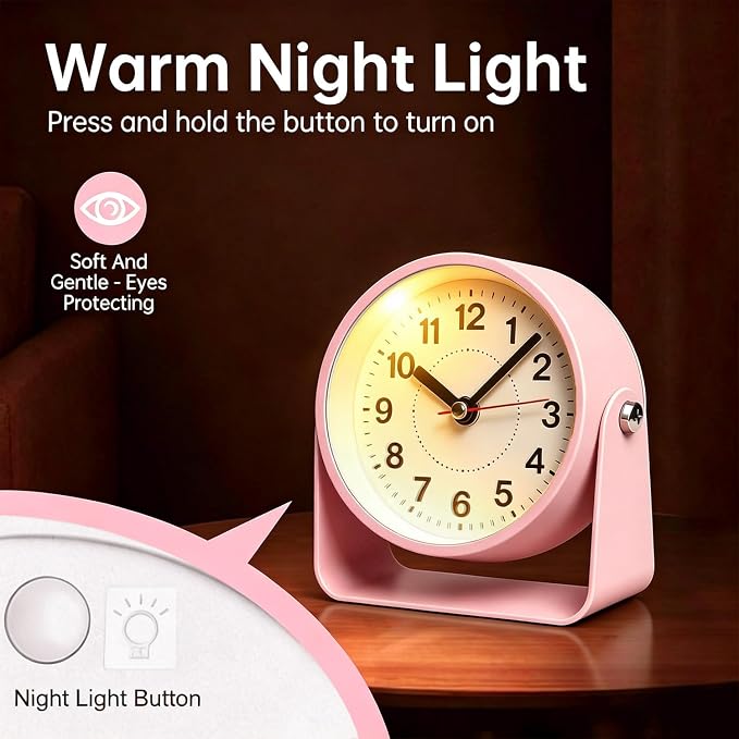 3.5" Analog Alarm Clock, Small Retro Desk Clock Battery Operated, Silent Metal Table Clock with Light for Living Room Decor,Bedroom,Bedside,Shelf, Adjustable Angle Snooze Clock for Adults Elderly