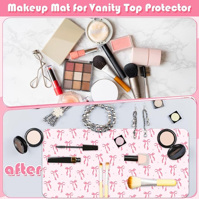 FYSUIMU Coquette Bow Makeup Mat Dual-Sided Leather Desk Pad Waterproof Pink Bow Makeup Table Cover for Vanity Top Protector Countertop Decor, 15.7 x 31.5 in
