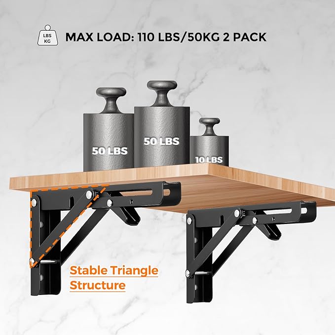 Ravinte 4 Pack 6 Inch Folding Shelf Brackets – Matte Black, Heavy Duty Collapsible Brackets for Tables and Benches – Space-Saving Design
