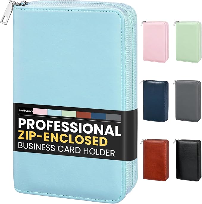 Sooez Zip-Enclosed Business Card Holder Organizer, Professional Credit Card Case Book for Women Men, 240 Capacity, Premium Vegan Leather Gift Card Organizer Storage, 7.87"×4.92"×1.57", Blue