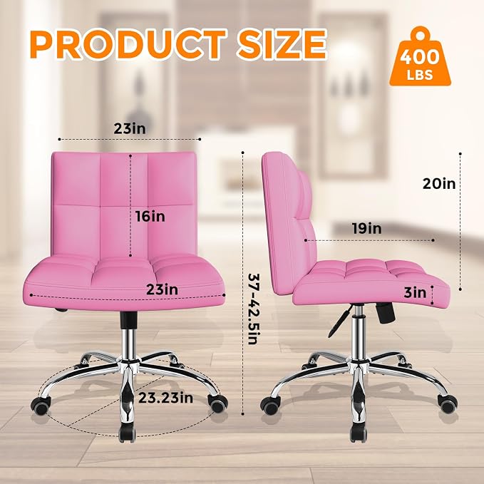 Pink Office Chair with Wheels - 360° Swivel Armless Back Support，Comfortable Pu Adjustable Rolling Desk Chairs for Office，Home，Vanity，Bedroom，Big Space (Widened Pink)