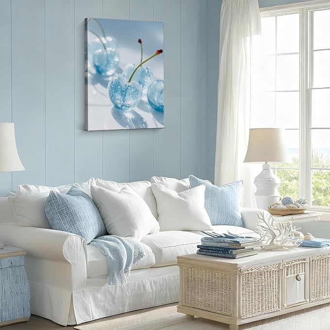 Preppy Blue Cherry Wall Art Decor Trendy Glam Cherry Picture Painting Artwork Modern Aesthetic Wall Decor for Home Apartment Bedroom 8x10 Canvas Framed
