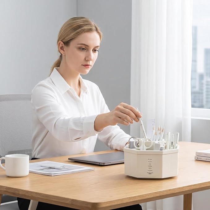 Jekelife 360 Degree Rotating Pen Holder,5-Compartment Desk Organizer,White | Smooth 360 degree rotating organizer with 5 compartments for pens, pencils, scissors, markers and office supplies.