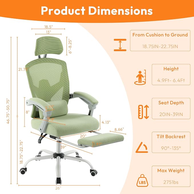 Home Office Desk Chair, Comfortable Mesh Chair with Foot Rest, Green | Reclining Gaming Chair with Headrest and Lumbar Support, 90°-130° Reclining, Silent Swivel