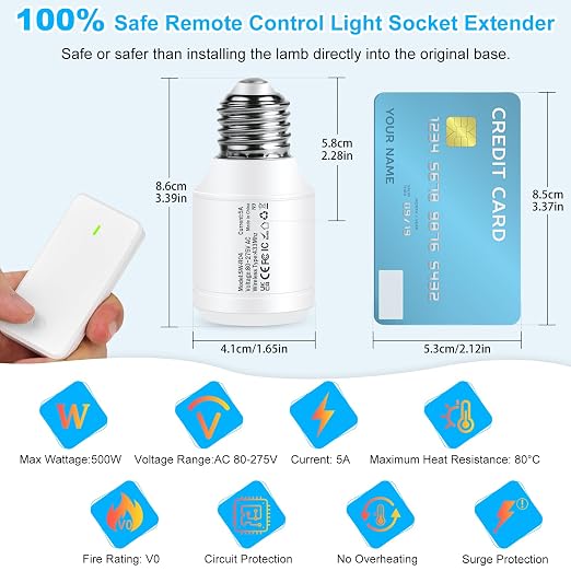 Greencycle Remote Control Light Bulb Socket,Max 500W LED,Wireless Wall Light Switch for Pull Chain Light Fixture,E26 E27 Bulb Base,No Wiring,500ft RF Range,for Bedroom,Stair