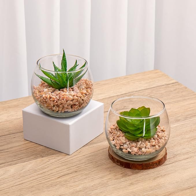 Briful Mini Fake Plants 4 Packs Cute Succulents Artificial Plants Potted Faux Succulents in Round Glass Vase for Bathroom Living Room Kitchen Shelf Table Decor