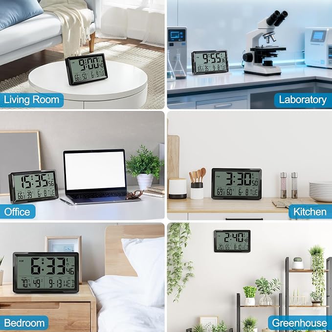 QPEUIM Atomic Clock with Indoor Temp & Humidity,Atomic Wall Clock 8.78 Inch Self-Setting, Digital Clock Large Display with Auto DST & 4 Time Zones for Home Office Bedroom