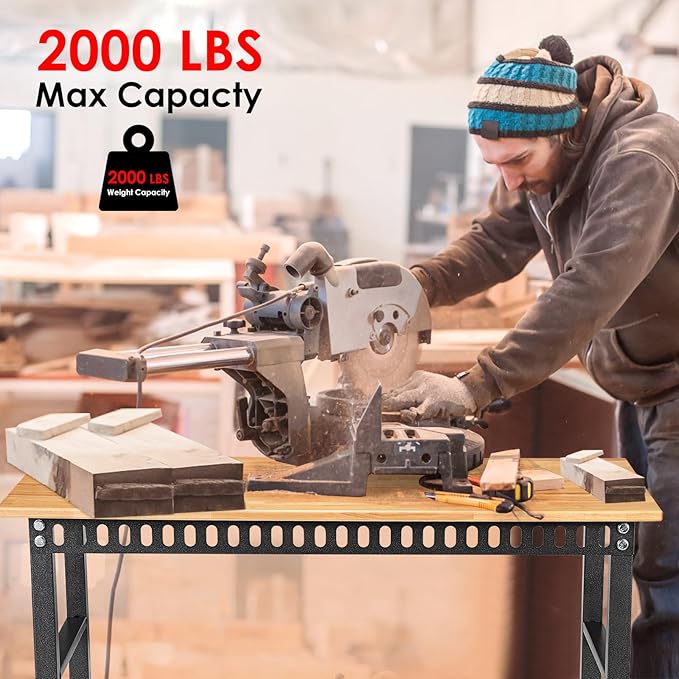 OLBRUS 48 "Adjustable Workbench with Power Outlet, Heavy Duty 2000 LBS Load Capacity Hardwood Workbench Suitable for Workshop, Office, Garage, Home with Wheels