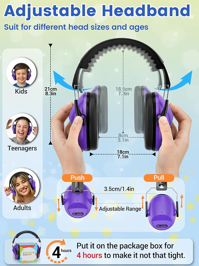 Dr.meter Ear Muffs for Noise Reduction: EM100 SNR27.4 Kids Ear Protection with Adjustable Headband - Kids Noise Cancelling Headphones for Monster Truck, Concerts, Fireworks and Air Shows - Purple